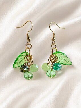 REIMAGINED Gooseberry Green Beaded Dangle Earrings 2” Gold Tone Hypoallergenic